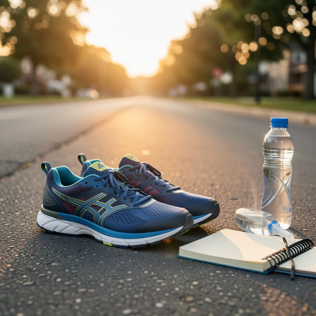 Running shoes placed on a quiet pavement at dawn next to a notebook and water bottle, active lifestyle composition